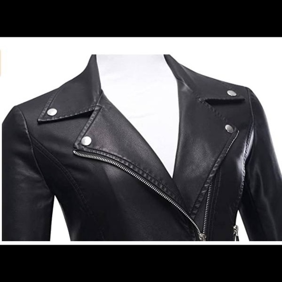 Women's Faux Black Leather Moto Biker Jacket - Picture 2 of 4